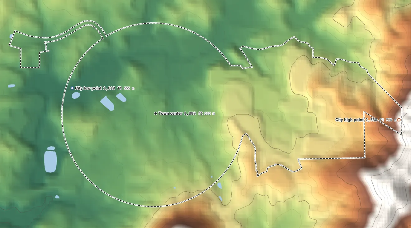 Topographic elevation map of Blairsville, Georgia, shaded from 1,810 ft on the west side to 2,360 ft on the east edge, below higher ground just outside