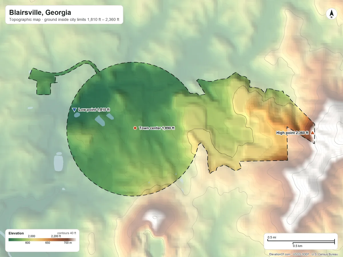 Topographic elevation map of Blairsville, Georgia, shaded from 1,810 ft on the west side to 2,360 ft on the east edge, below higher ground just outside