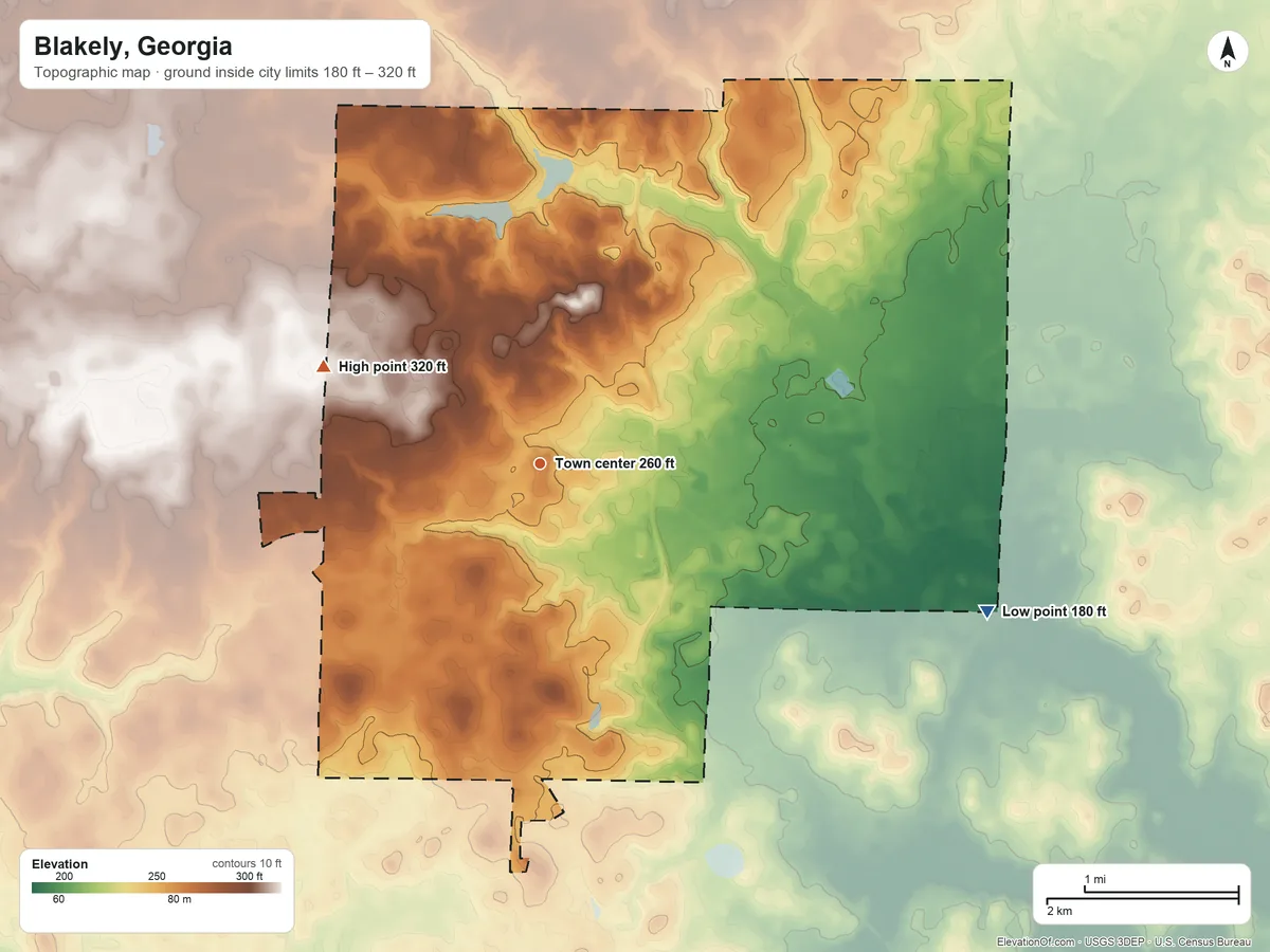 Topographic elevation map of Blakely, Georgia, shaded from 180 ft on the east side to 320 ft on the northwest side