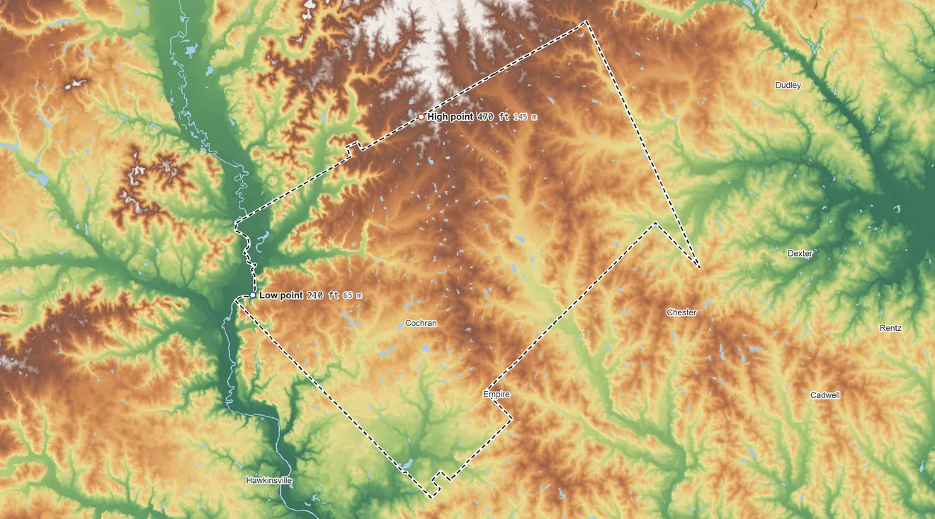 Topographic elevation map of Bleckley County, Georgia, shaded from 210 ft on the west side to 470 ft on the north side