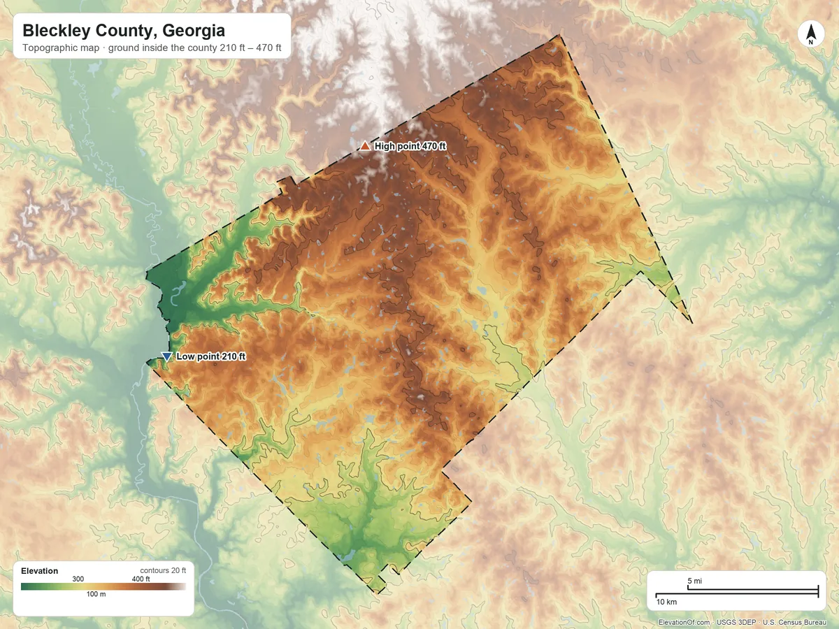 Topographic elevation map of Bleckley County, Georgia, shaded from 210 ft on the west side to 470 ft on the north side