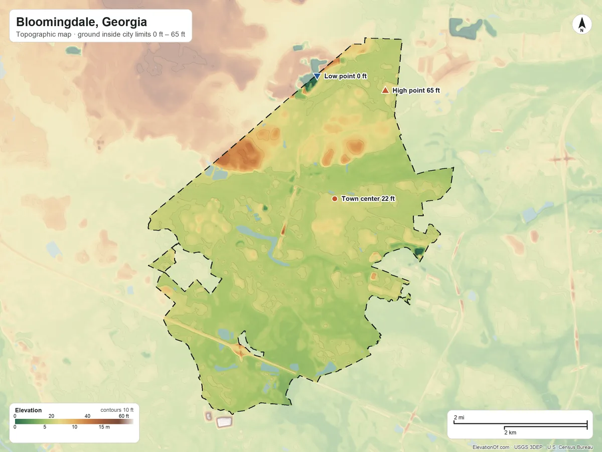 Topographic elevation map of Bloomingdale, Georgia, shaded from 0 ft on the north side to 65 ft on the northeast side