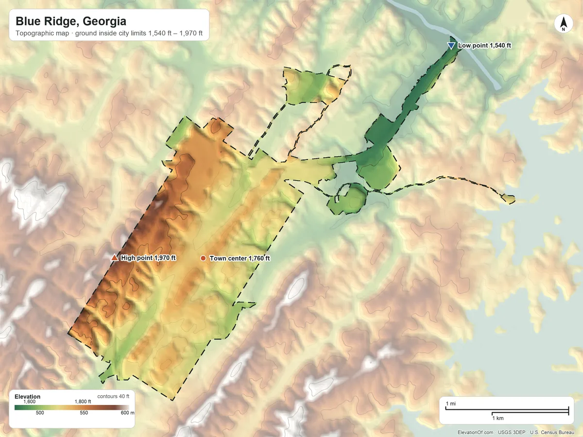 Topographic elevation map of Blue Ridge, Georgia, shaded from 1,540 ft on the northeast side to 1,970 ft on the west side