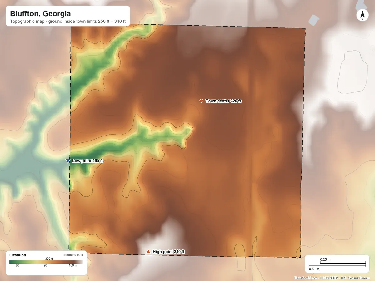 Topographic elevation map of Bluffton, Georgia, shaded from 250 ft on the southwest side to 340 ft on the south side