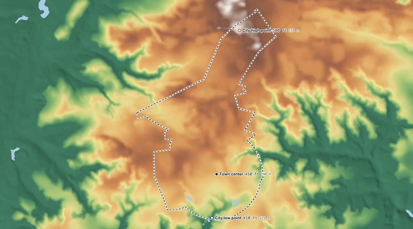 Topographic elevation map of Blythe, Georgia, shaded from 410 ft on the south side to 500 ft on the north side