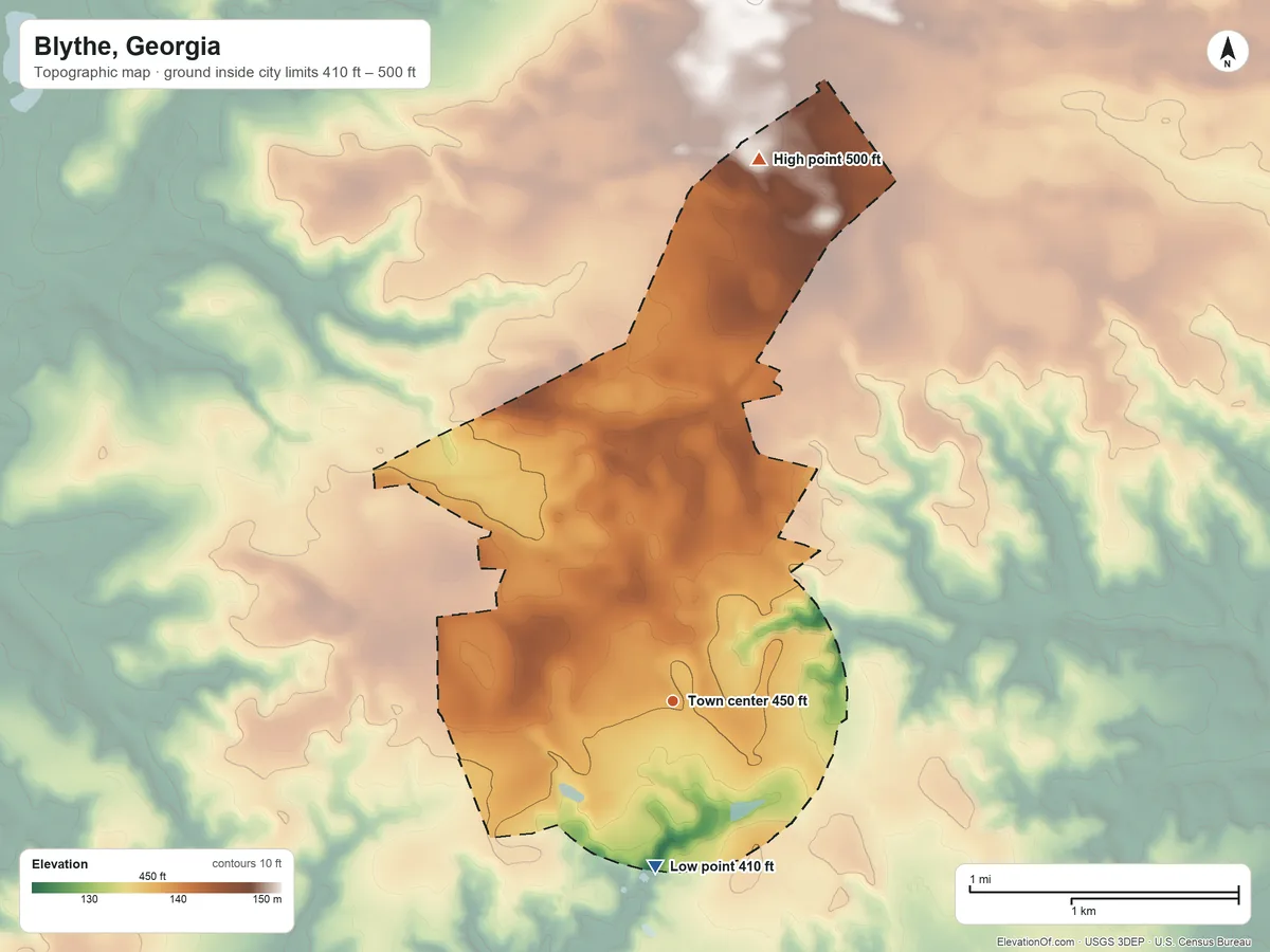 Topographic elevation map of Blythe, Georgia, shaded from 410 ft on the south side to 500 ft on the north side