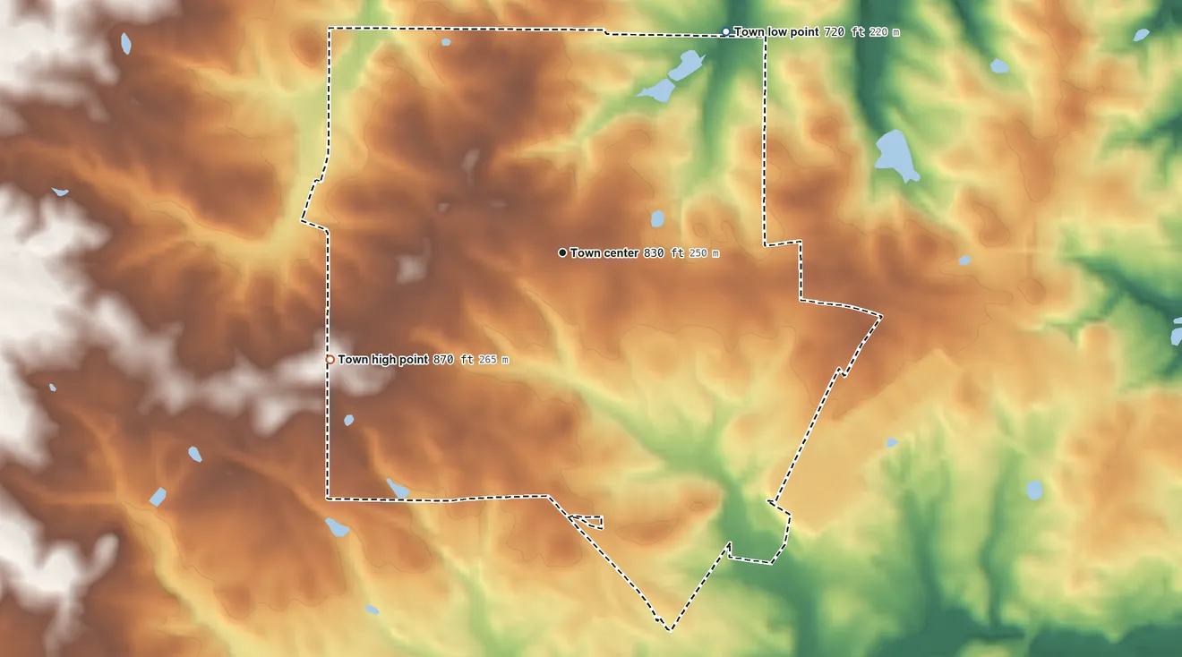 Topographic elevation map of Bogart, Georgia, shaded from 720 ft on the northeast side to 870 ft on the southwest side