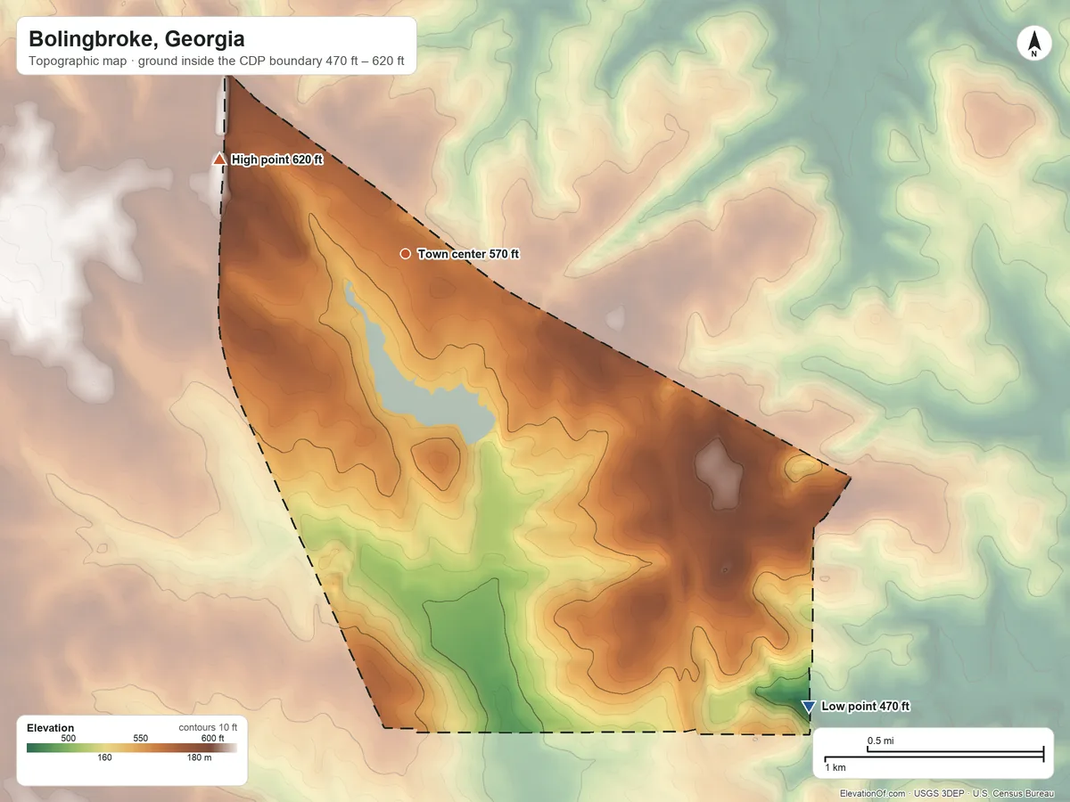 Topographic elevation map of Bolingbroke, Georgia, shaded from 470 ft on the southeast side to 620 ft on the northwest side