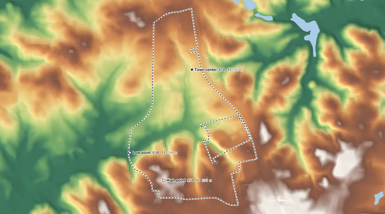 Topographic elevation map of Bonanza, Georgia, shaded from 830 ft on the southwest side to 950 ft on the south side