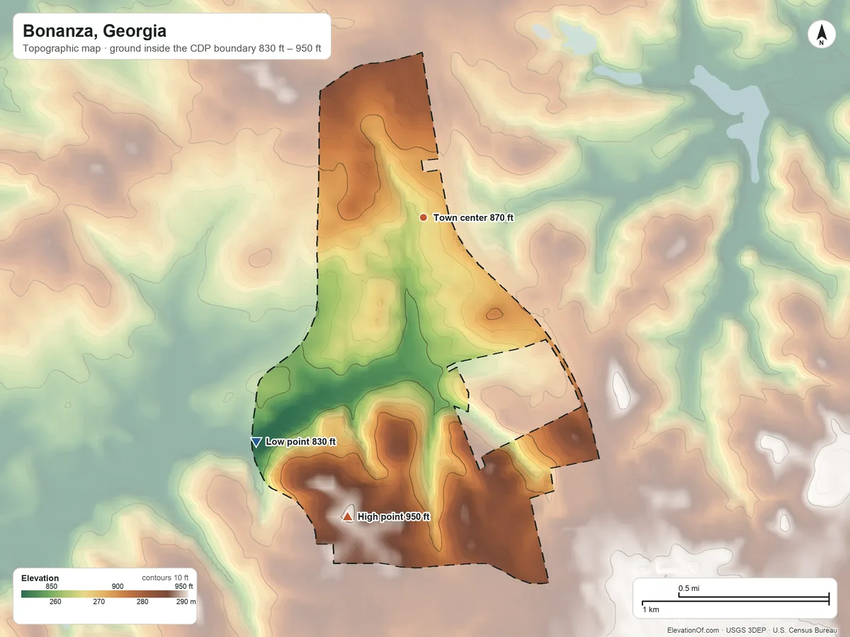 Topographic elevation map of Bonanza, Georgia, shaded from 830 ft on the southwest side to 950 ft on the south side