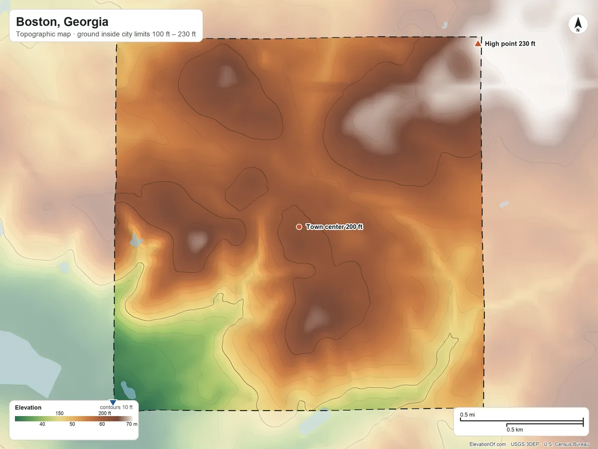 Topographic elevation map of Boston, Georgia, shaded from 100 ft on the southwest side to 230 ft on the northeast side