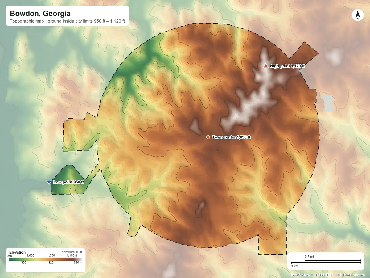Topographic elevation map of Bowdon, Georgia, shaded from 950 ft on the west side to 1,120 ft on the northeast side