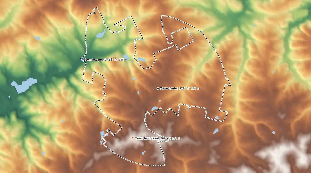 Topographic elevation map of Bowersville, Georgia, shaded from 760 ft on the west side to 960 ft on the southwest side