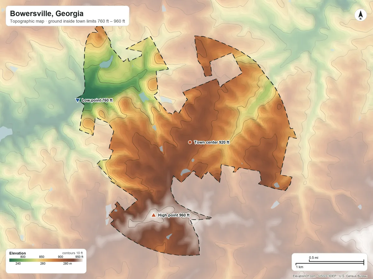 Topographic elevation map of Bowersville, Georgia, shaded from 760 ft on the west side to 960 ft on the southwest side