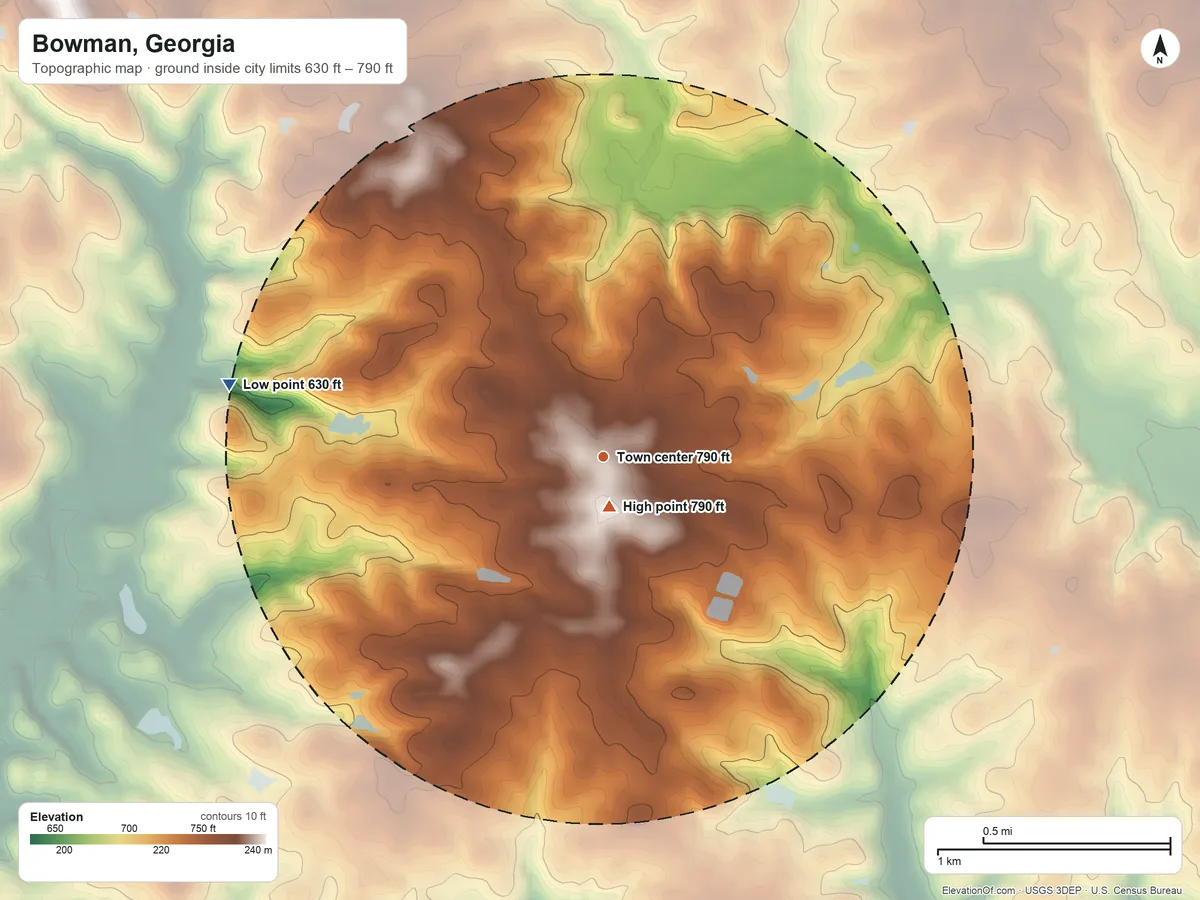 Topographic elevation map of Bowman, Georgia, shaded from 630 ft on the west side to 790 ft near the middle