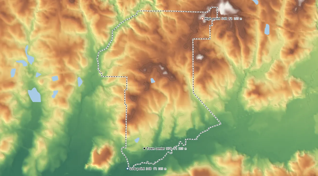 Topographic elevation map of Box Springs, Georgia, shaded from 340 ft on the southwest side to 540 ft on the northeast side