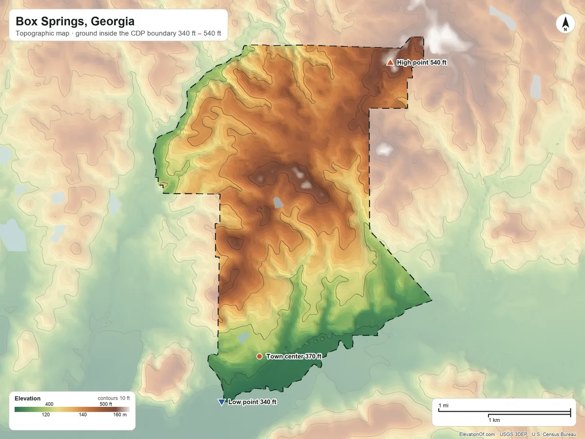 Topographic elevation map of Box Springs, Georgia, shaded from 340 ft on the southwest side to 540 ft on the northeast side