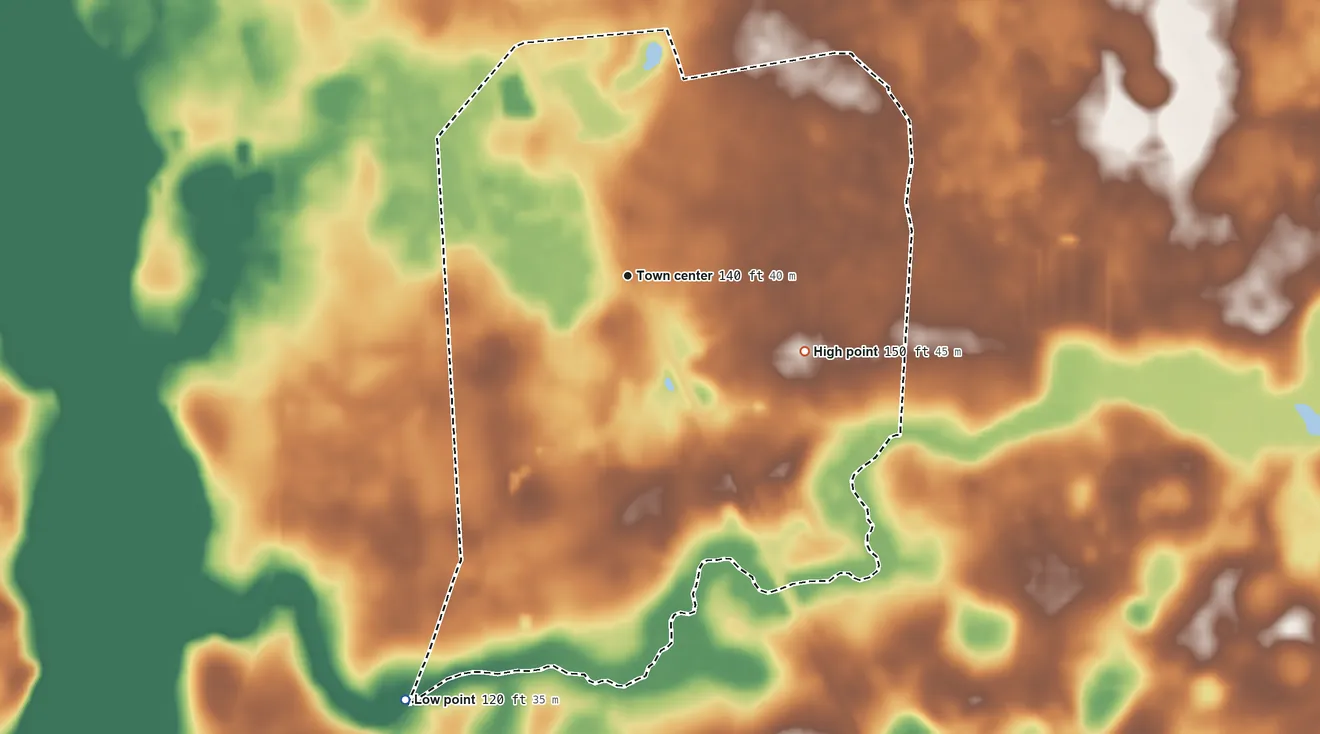 Topographic elevation map of Boykin, Georgia, shaded from 120 ft on the southwest side to 150 ft on the southeast side