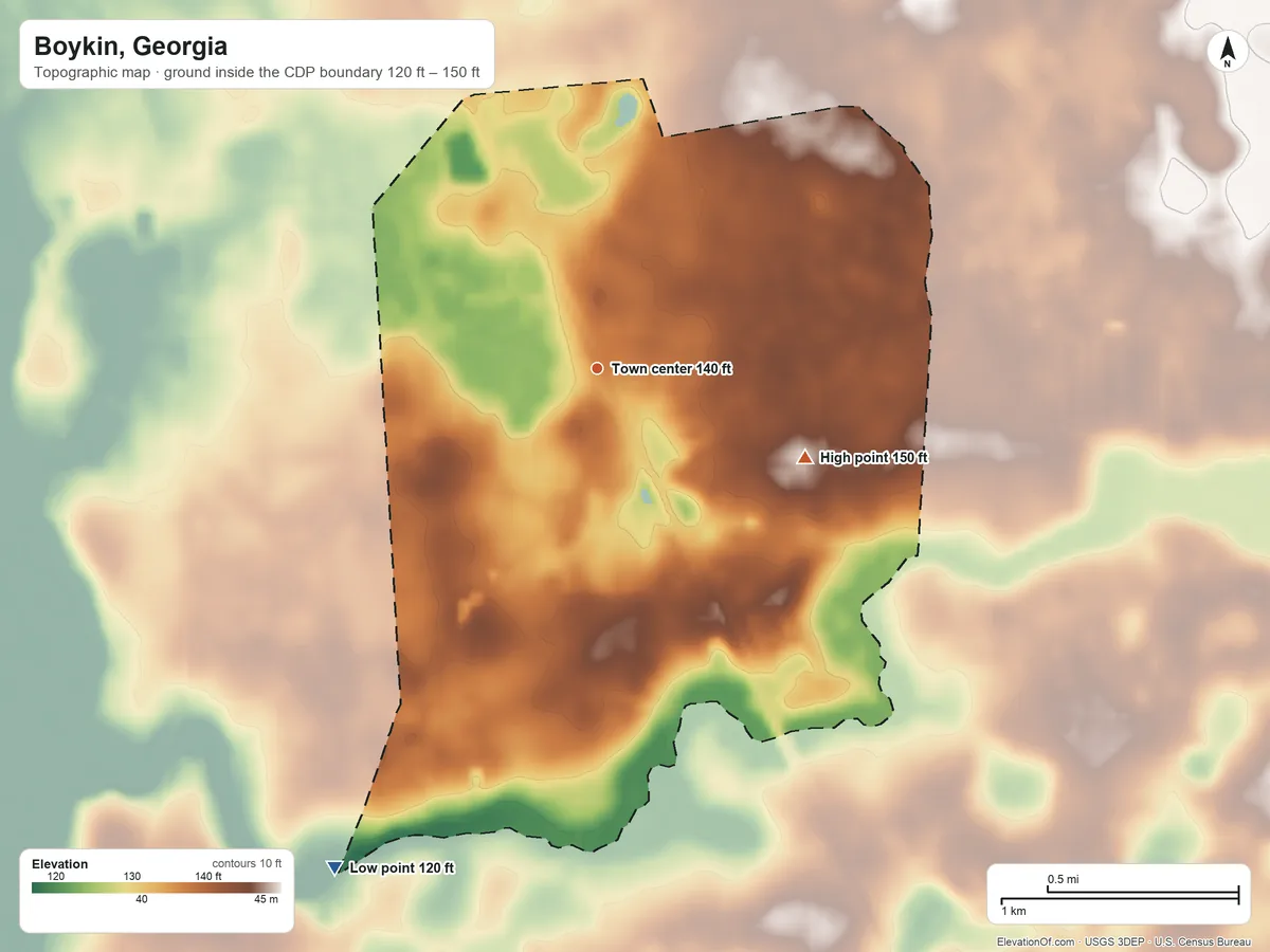 Topographic elevation map of Boykin, Georgia, shaded from 120 ft on the southwest side to 150 ft on the southeast side