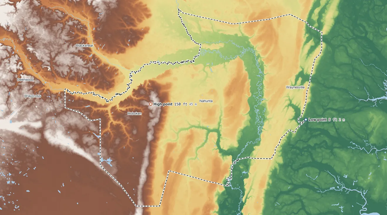 Topographic elevation map of Brantley County, Georgia, shaded from 6 ft on the east side to 150 ft on the west side