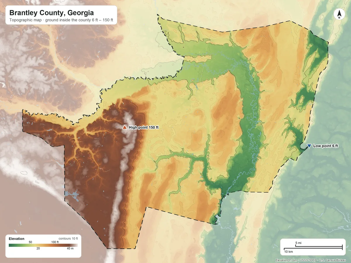 Topographic elevation map of Brantley County, Georgia, shaded from 6 ft on the east side to 150 ft on the west side