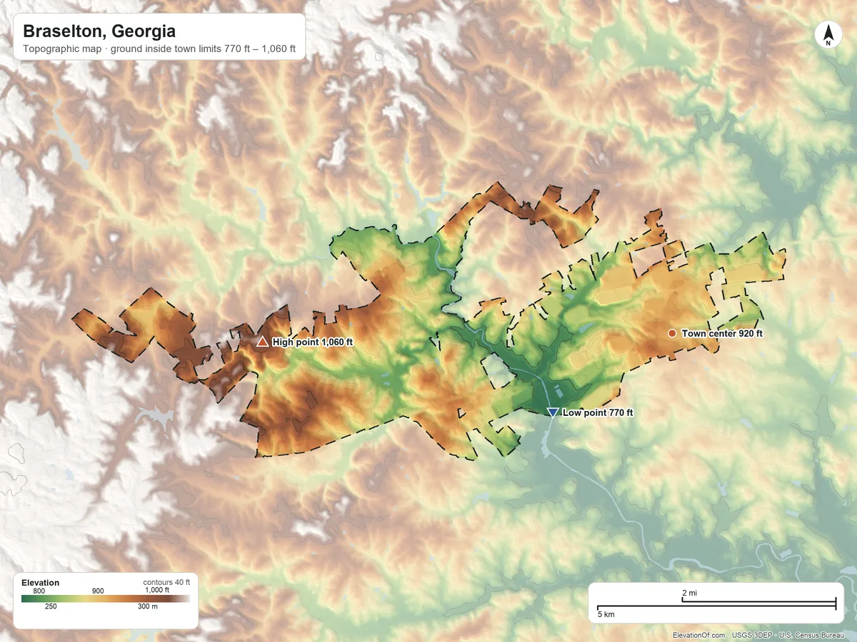 Topographic elevation map of Braselton, Georgia, shaded from 770 ft on the southwest side to 1,060 ft on the west side