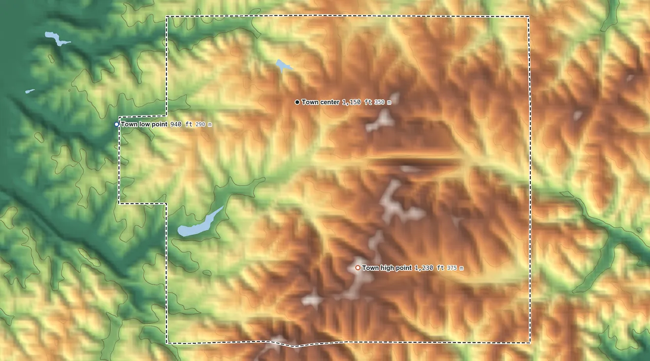 Topographic elevation map of Braswell, Georgia, shaded from 940 ft on the west side to 1,230 ft on the south side