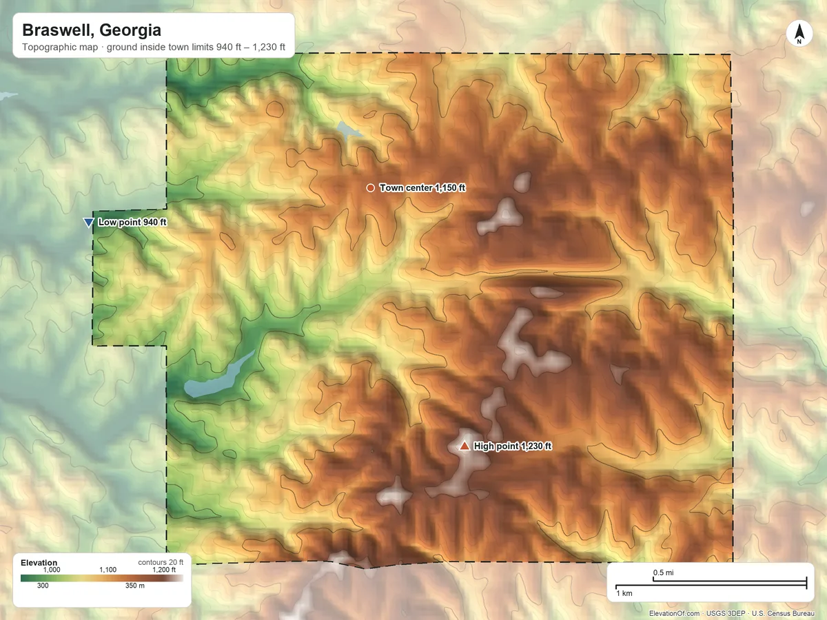 Topographic elevation map of Braswell, Georgia, shaded from 940 ft on the west side to 1,230 ft on the south side