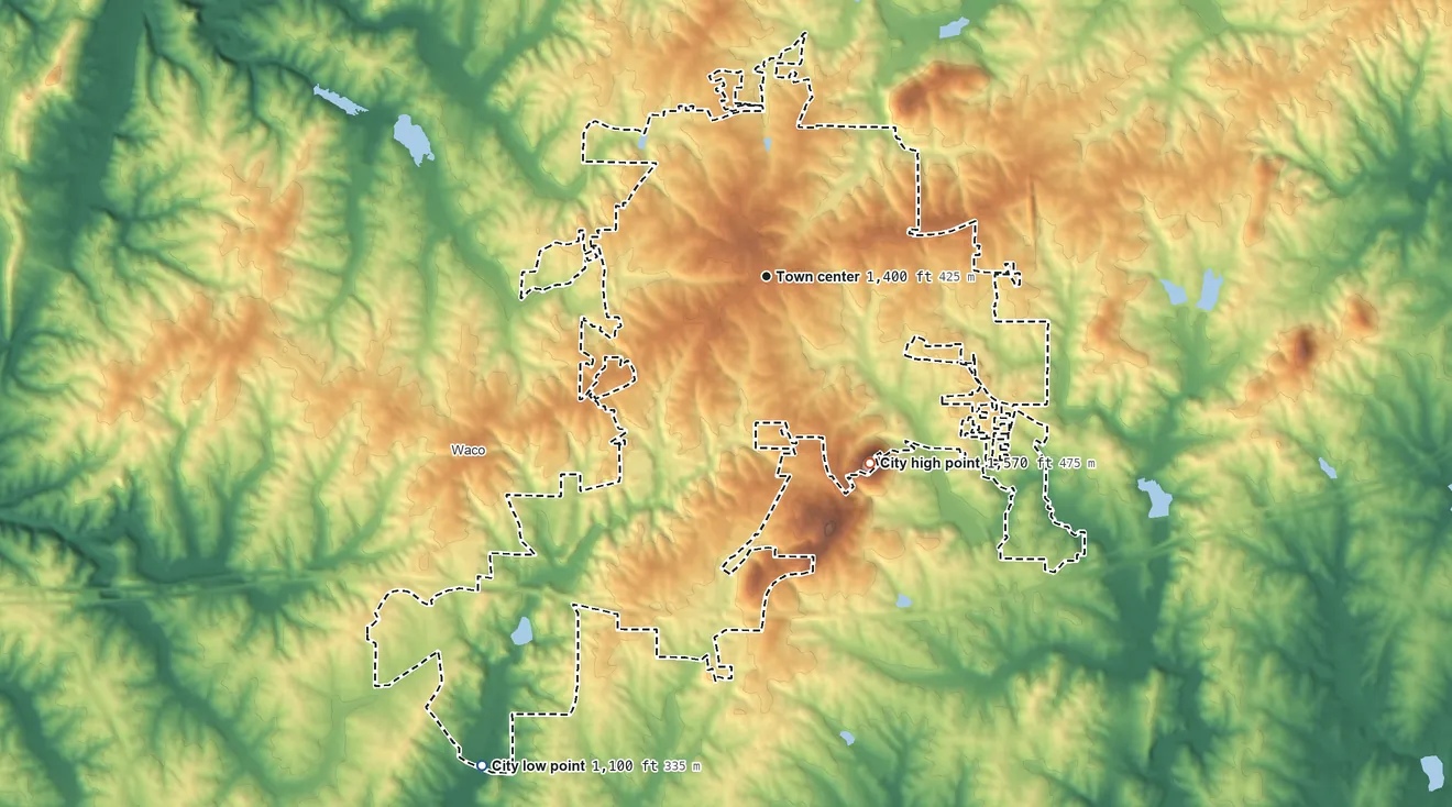 Topographic elevation map of Bremen, Georgia, shaded from 1,100 ft on the southwest side to 1,566 ft on Reeds Mountain