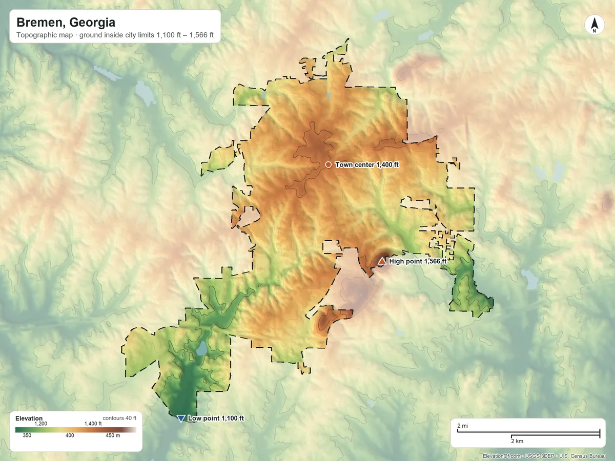 Topographic elevation map of Bremen, Georgia, shaded from 1,100 ft on the southwest side to 1,566 ft on Reeds Mountain