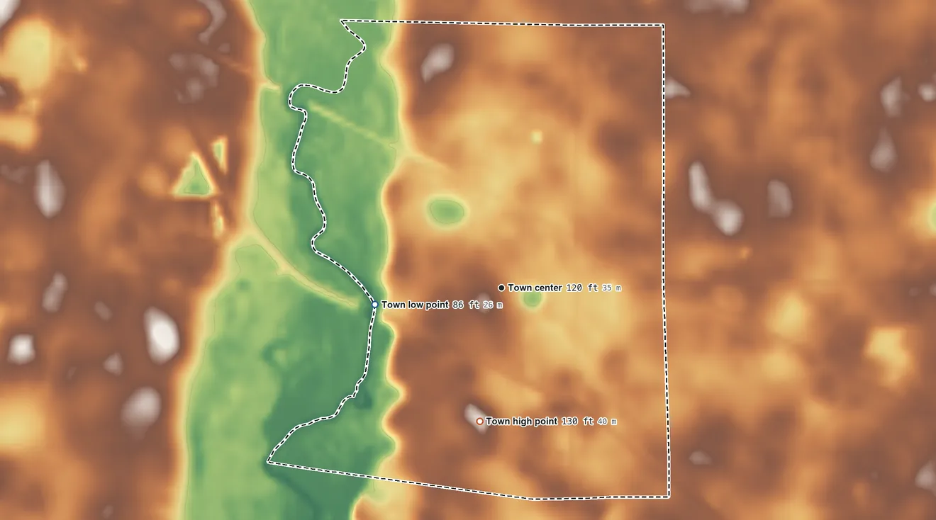 Topographic elevation map of Brinson, Georgia, shaded from 86 ft on the west side to 130 ft on the south side