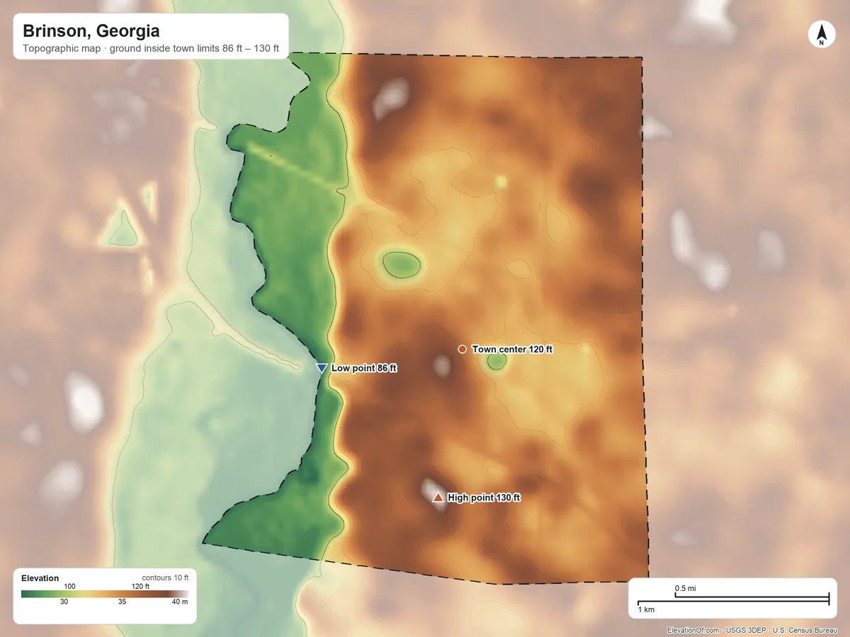 Topographic elevation map of Brinson, Georgia, shaded from 86 ft on the west side to 130 ft on the south side
