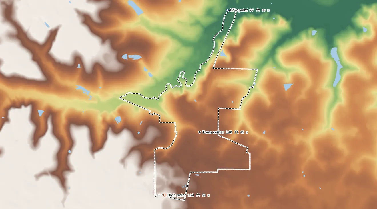 Topographic elevation map of Bristol, Georgia, shaded from 97 ft on the north side to 160 ft on the southwest side