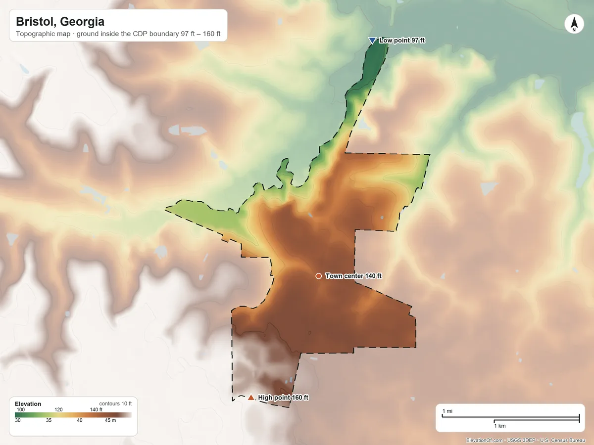 Topographic elevation map of Bristol, Georgia, shaded from 97 ft on the north side to 160 ft on the southwest side