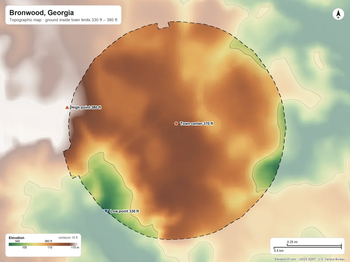 Topographic elevation map of Bronwood, Georgia, shaded from 330 ft on the southwest side to 380 ft on the west side