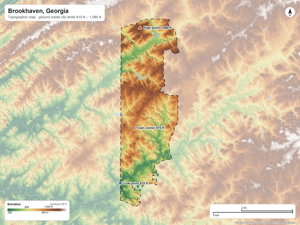 Topographic elevation map of Brookhaven, Georgia, shaded from 810 ft on the south side to 1,080 ft on the north side
