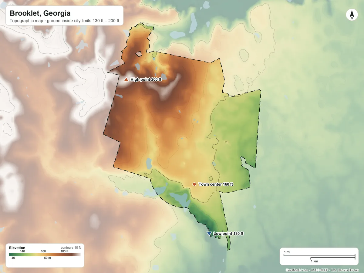 Topographic elevation map of Brooklet, Georgia, shaded from 130 ft on the south side to 200 ft on the northwest side
