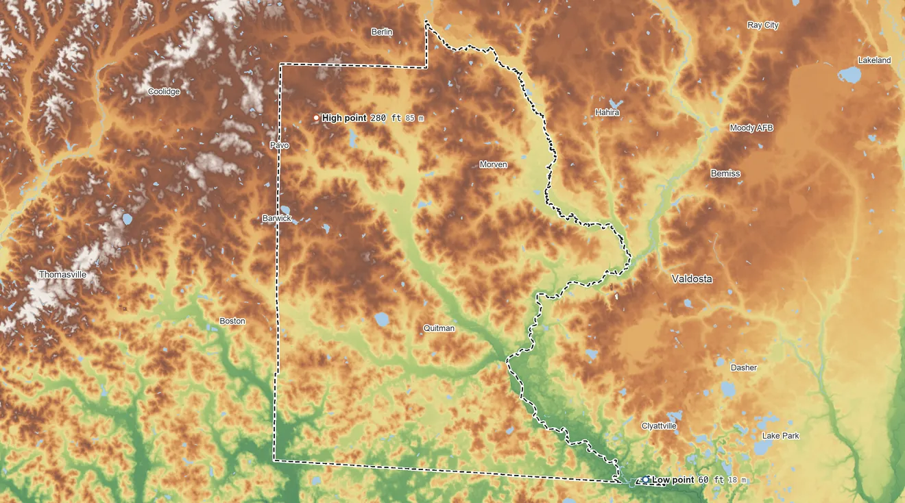 Topographic elevation map of Brooks County, Georgia, shaded from 60 ft on the southeast side to 280 ft on the northwest side