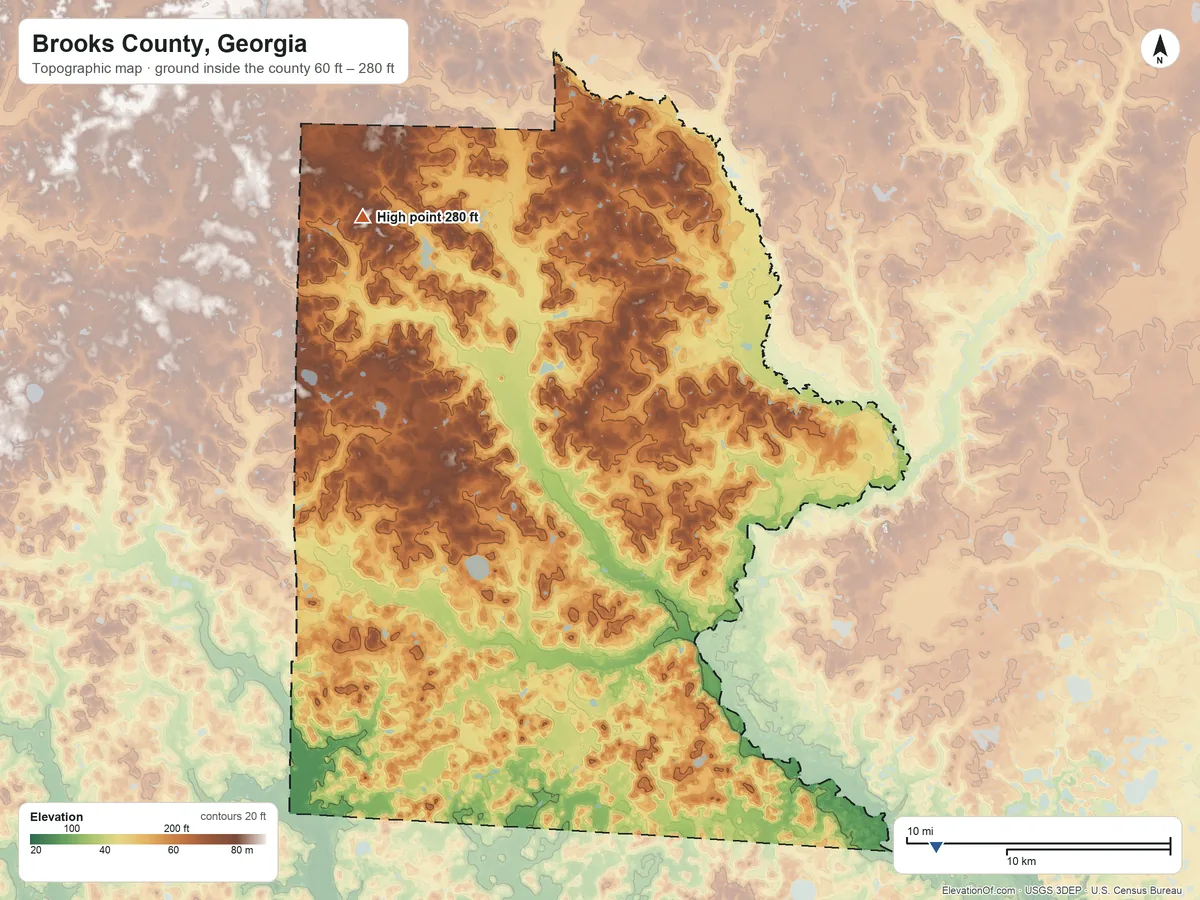 Topographic elevation map of Brooks County, Georgia, shaded from 60 ft on the southeast side to 280 ft on the northwest side