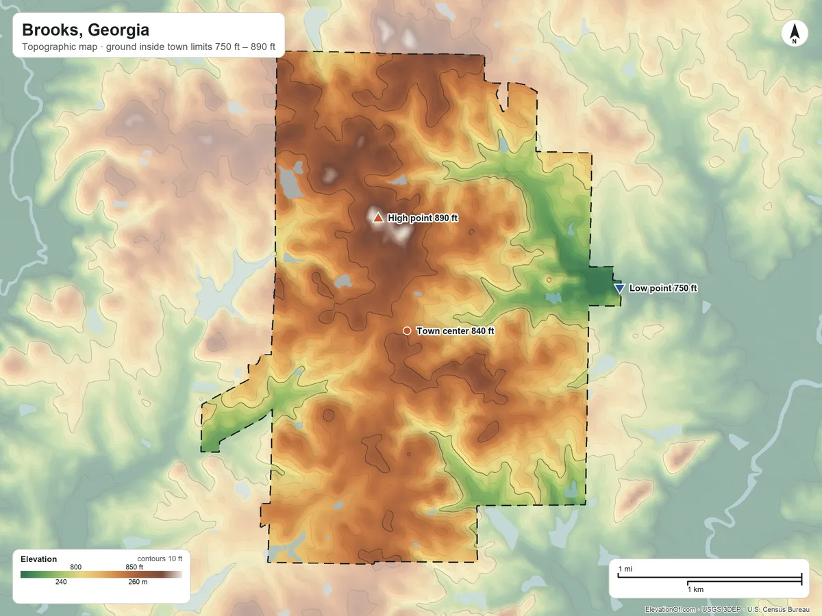 Topographic elevation map of Brooks, Georgia, shaded from 750 ft on the east side to 890 ft on the north side