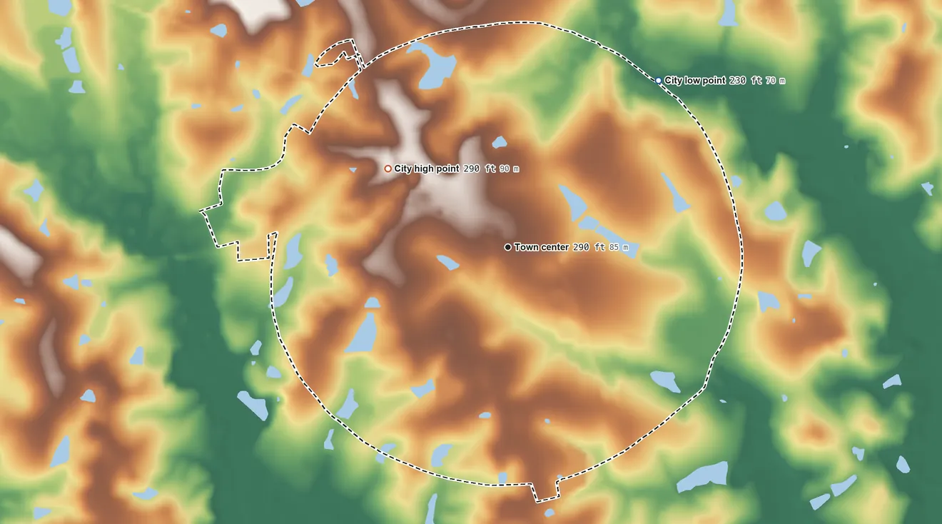 Topographic elevation map of Broxton, Georgia, shaded from 230 ft on the northeast side to 290 ft on the northwest side