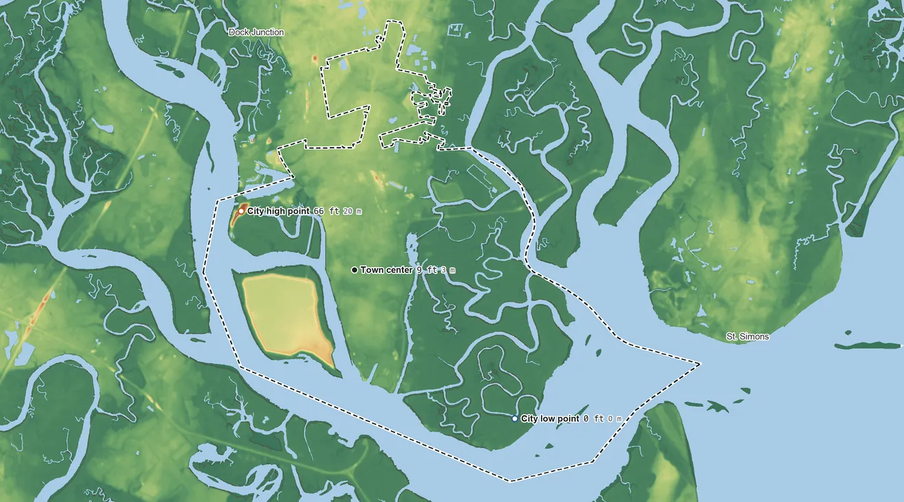 Topographic elevation map of Brunswick, Georgia, shaded from sea level level on St. Simons Sound to 66 ft on the northwest side
