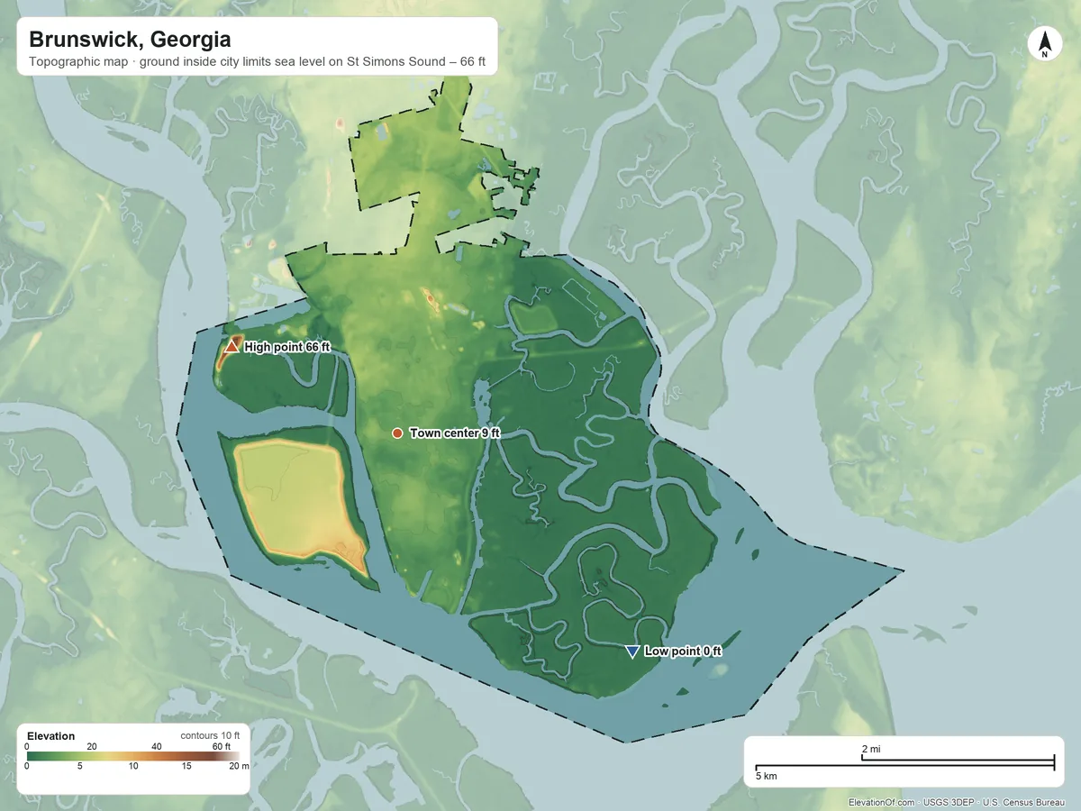 Topographic elevation map of Brunswick, Georgia, shaded from sea level level on St. Simons Sound to 66 ft on the northwest side