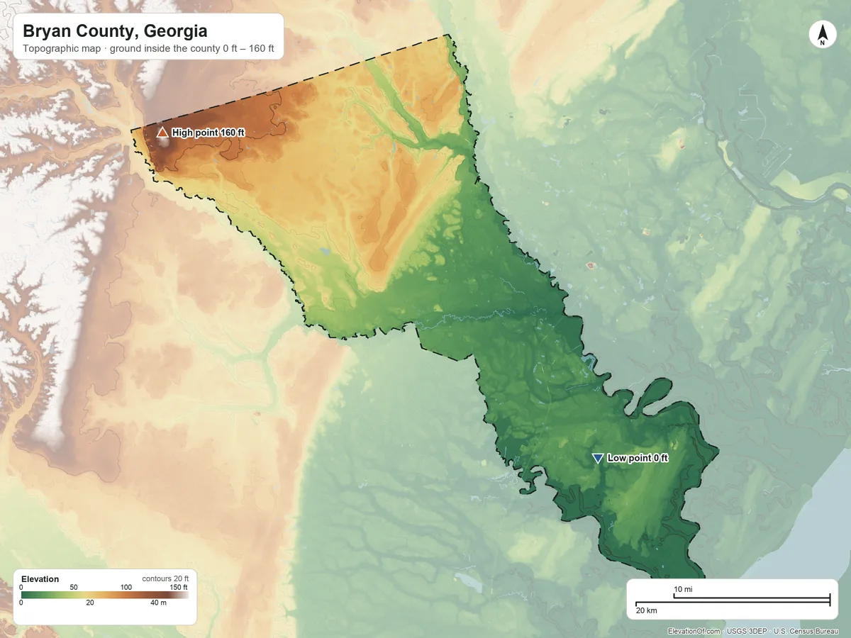 Topographic elevation map of Bryan County, Georgia, shaded from 0 ft on the southeast side to 160 ft on the northwest side