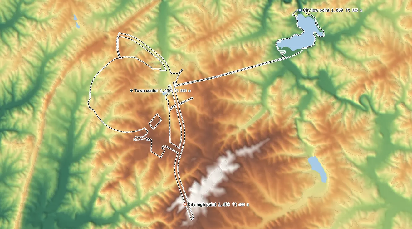 Topographic elevation map of Buchanan, Georgia, shaded from 1,060 ft on the northeast side to 1,400 ft on the southeast side
