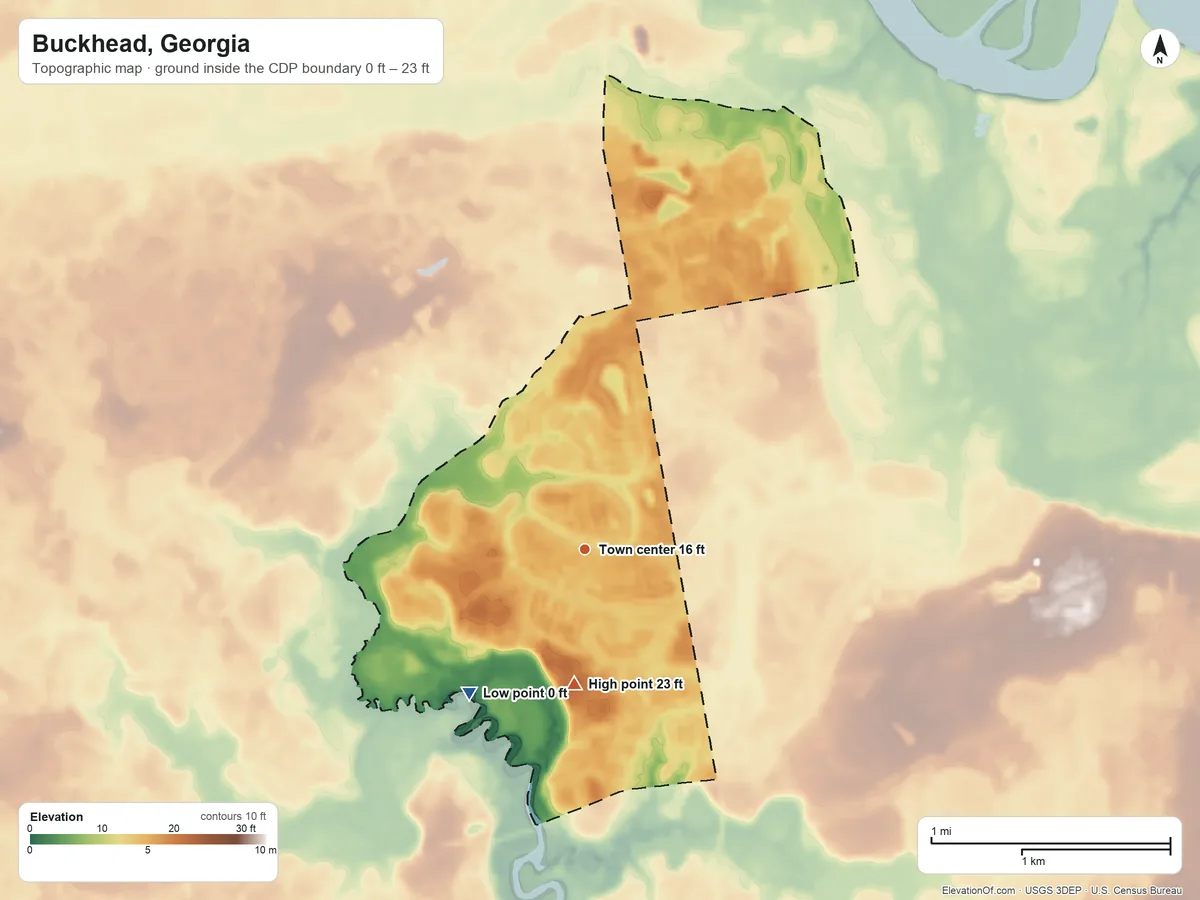 Topographic elevation map of Buckhead, Georgia, shaded from 0 ft on the southwest side to 23 ft on the south side