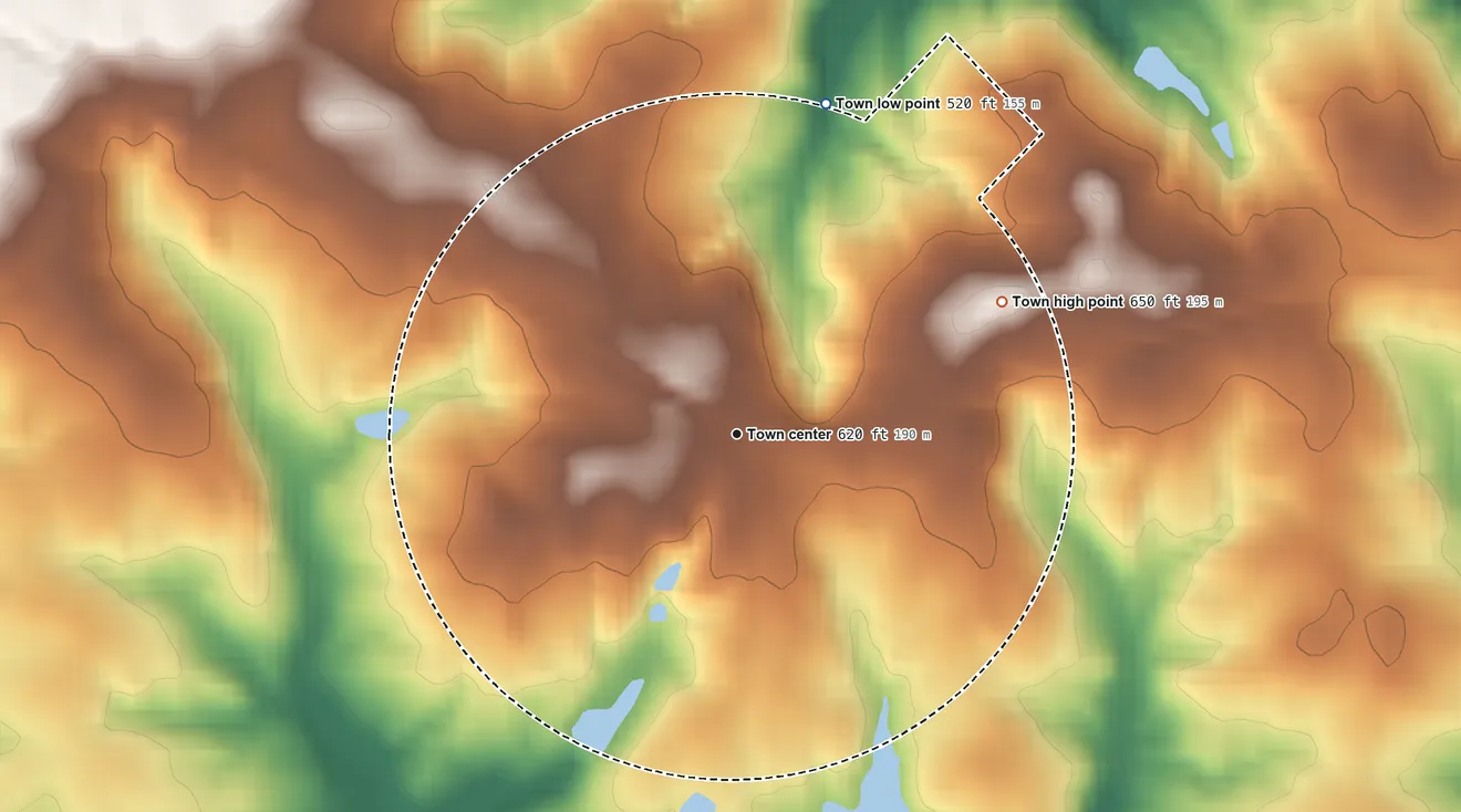 Topographic elevation map of Town of Buckhead, Georgia, shaded from 520 ft on the north side to 650 ft on the northeast side