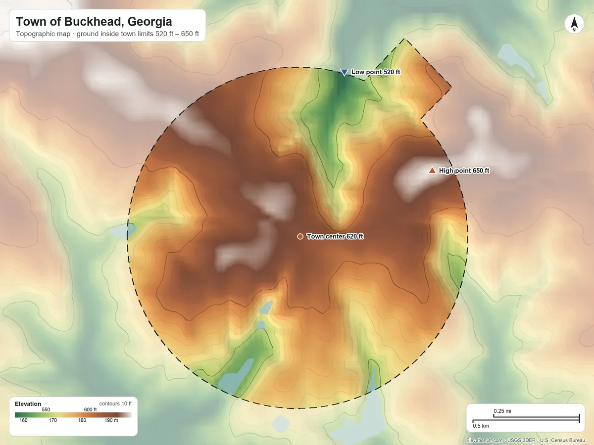 Topographic elevation map of Town of Buckhead, Georgia, shaded from 520 ft on the north side to 650 ft on the northeast side