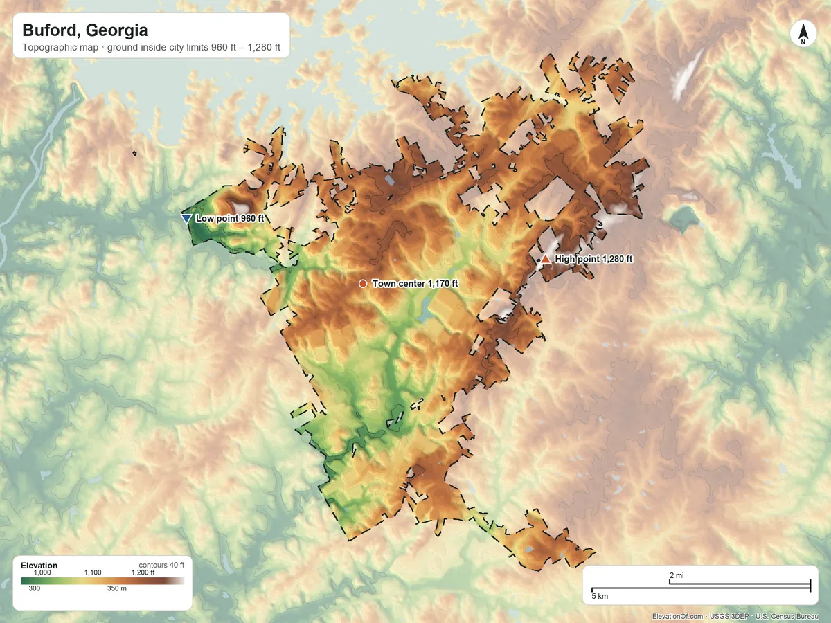 Topographic elevation map of Buford, Georgia, shaded from 960 ft on the west side to 1,280 ft on the east side
