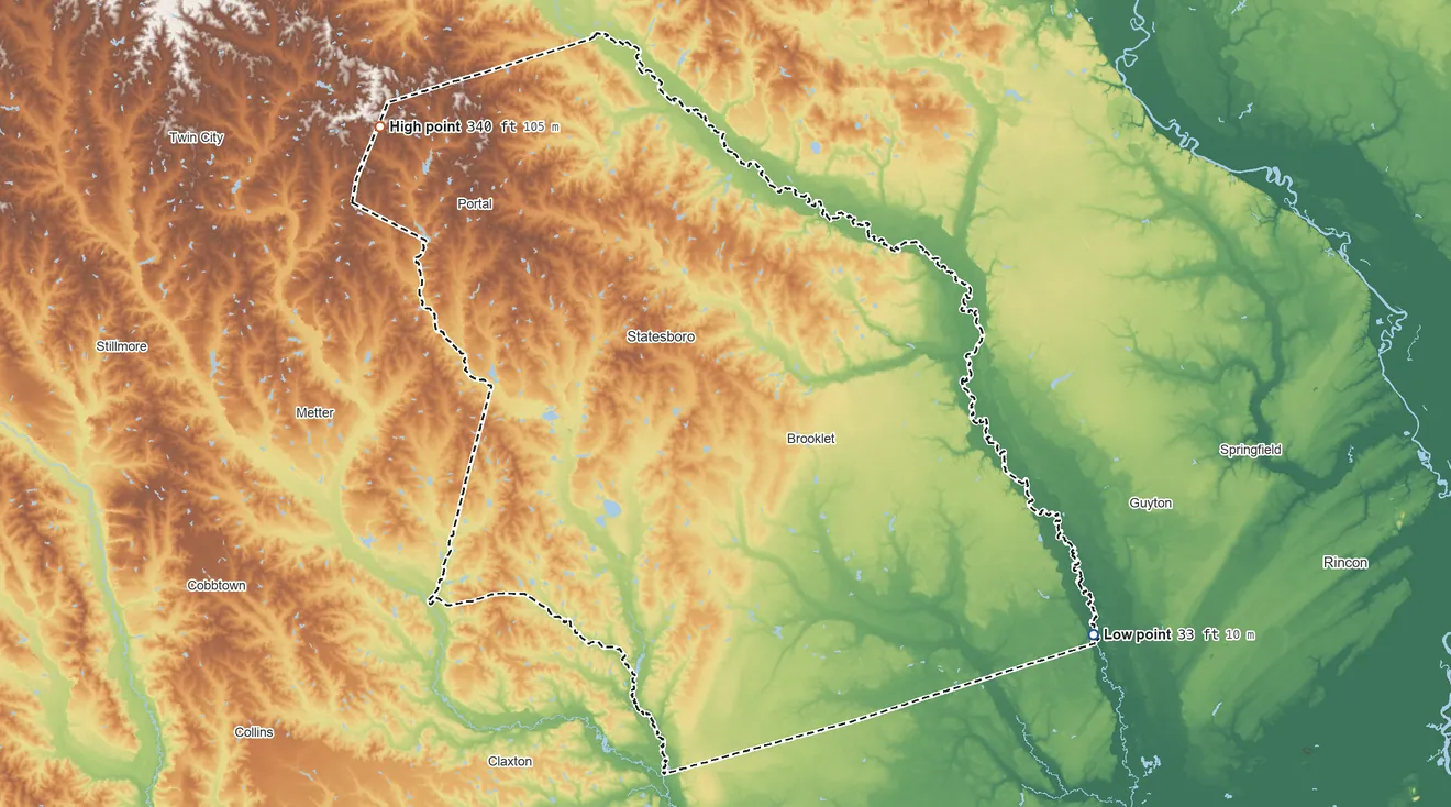 Topographic elevation map of Bulloch County, Georgia, shaded from 33 ft on the southeast side to 340 ft on the northwest side